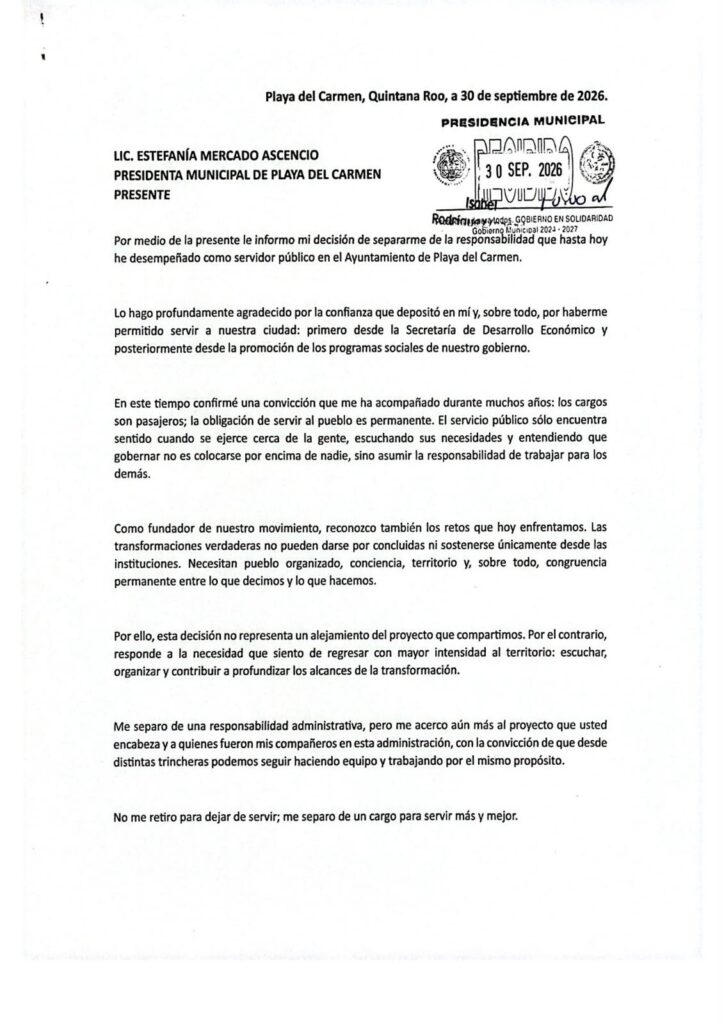 Anuncia separación a su cargo como servidor público Antón Bojorquez ante el Ayuntamiento de Playa del Carmen