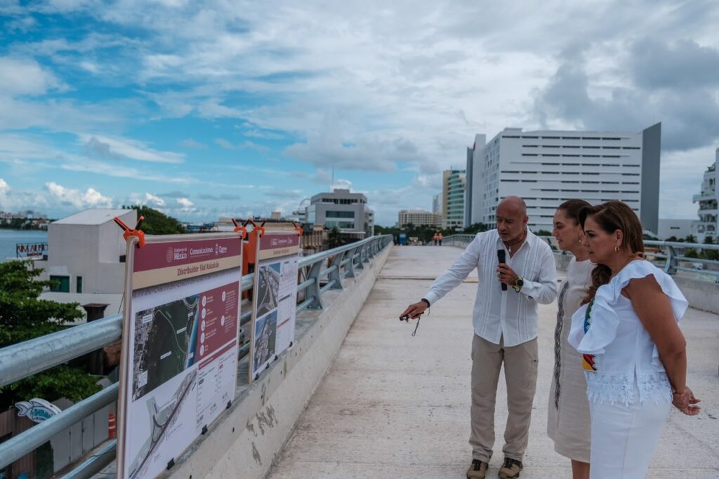 Supervisan Claudia Sheinbaum y Mara Lezama obras del distribuidor Kukulcán, conexión estratégica del Puente Nichupté