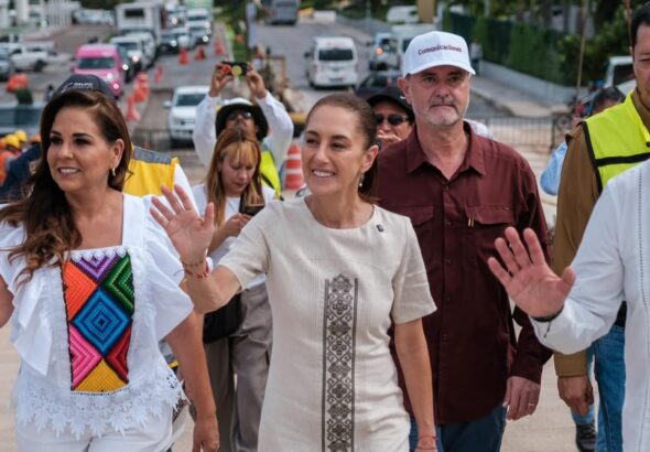 Supervisan Claudia Sheinbaum y Mara Lezama obras del distribuidor Kukulcán, conexión estratégica del Puente Nichupté
