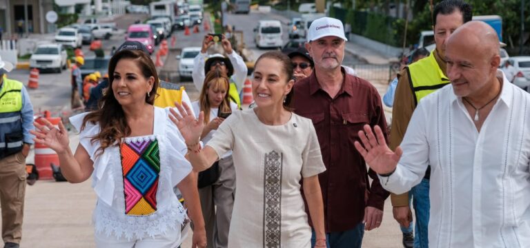 Supervisan Claudia Sheinbaum y Mara Lezama obras del distribuidor Kukulcán, conexión estratégica del Puente Nichupté
